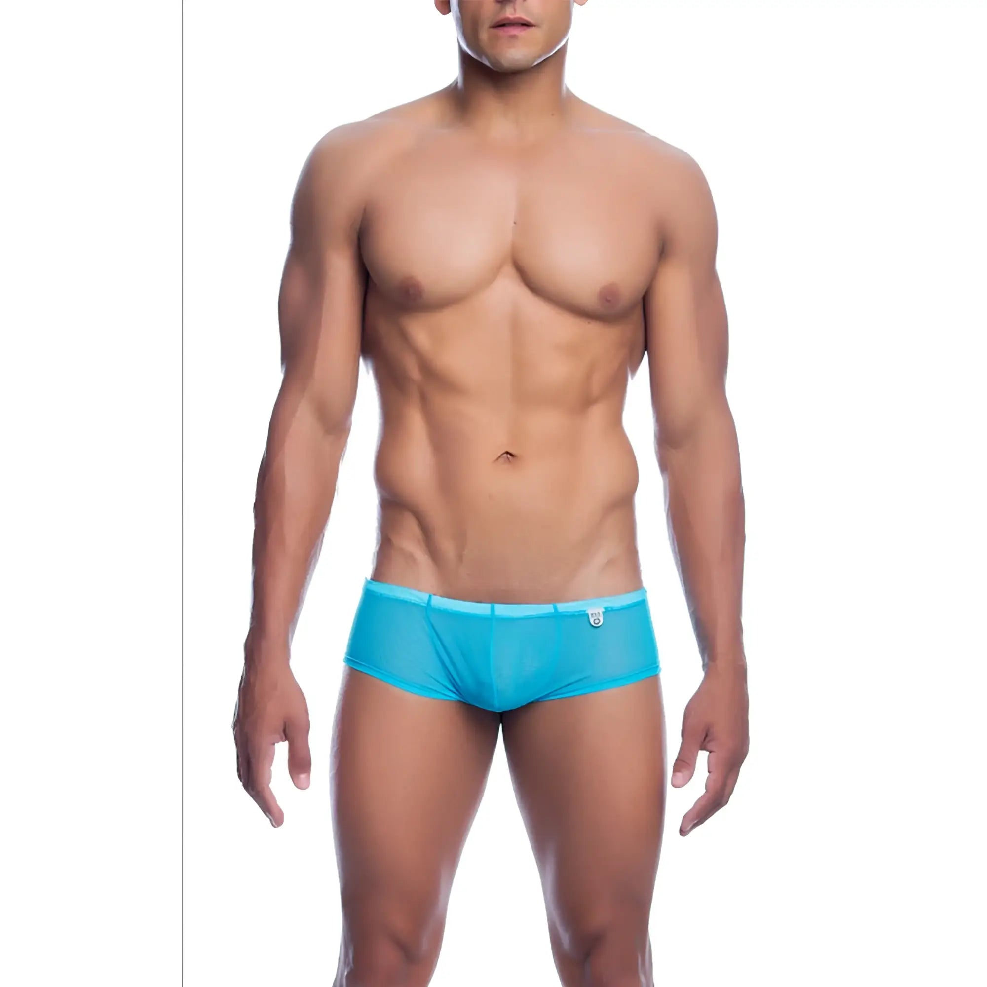 Men’s sheer hip brief in bright turquoise mesh with a subtle logo on the waistband and breathable fabric