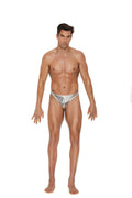 Men’s silver lame thong shiny metallic briefs shown from the front in reflective silver material
