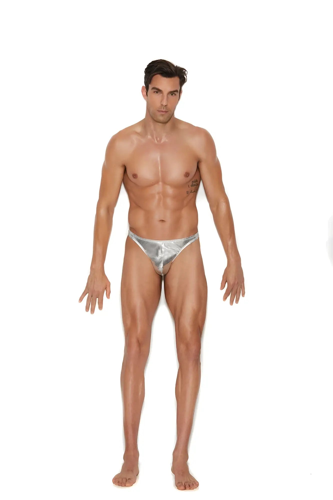 Men’s silver lame thong shiny metallic briefs shown from the front in reflective silver material