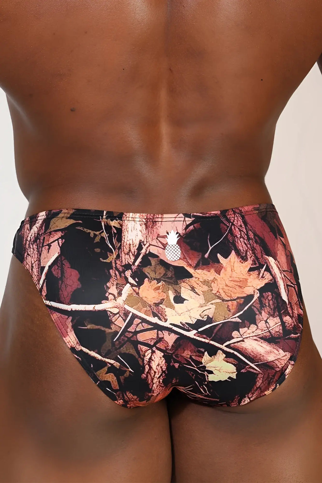 Men’s slimmer bulge briefs bayou swamp with camouflage autumn leaves pattern in brown orange and black colors