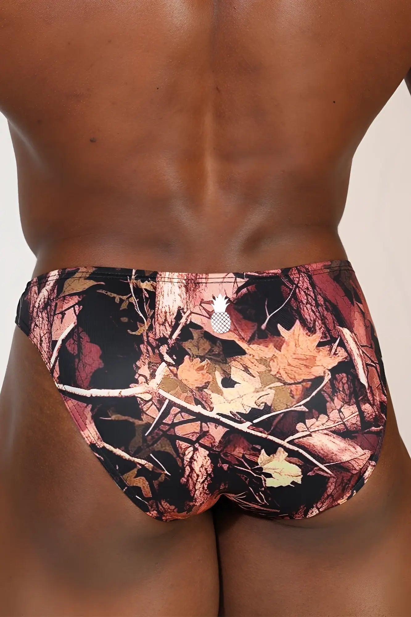 Men’s slimmer bulge briefs bayou swamp with camouflage autumn leaves pattern in brown orange and black colors
