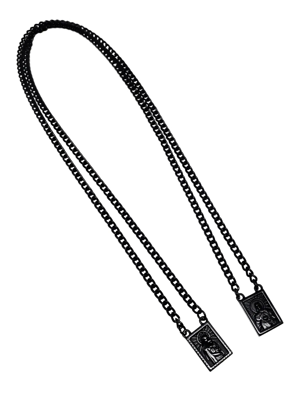 Men’s stainless steel scapular necklace in black with two rectangular religious medallions featuring engraved figures