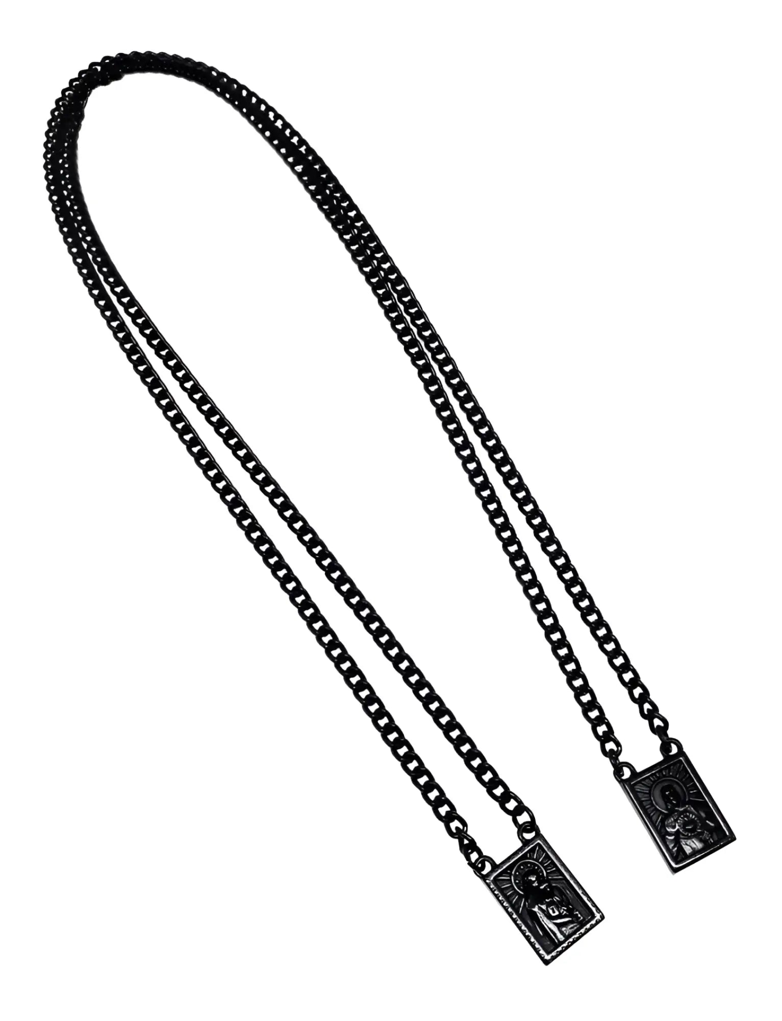 Men’s stainless steel scapular necklace in black with two rectangular religious medallions featuring engraved figures