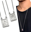 Silver men’s stainless steel scapular necklace with engraved religious pendant and chain for male jewelry