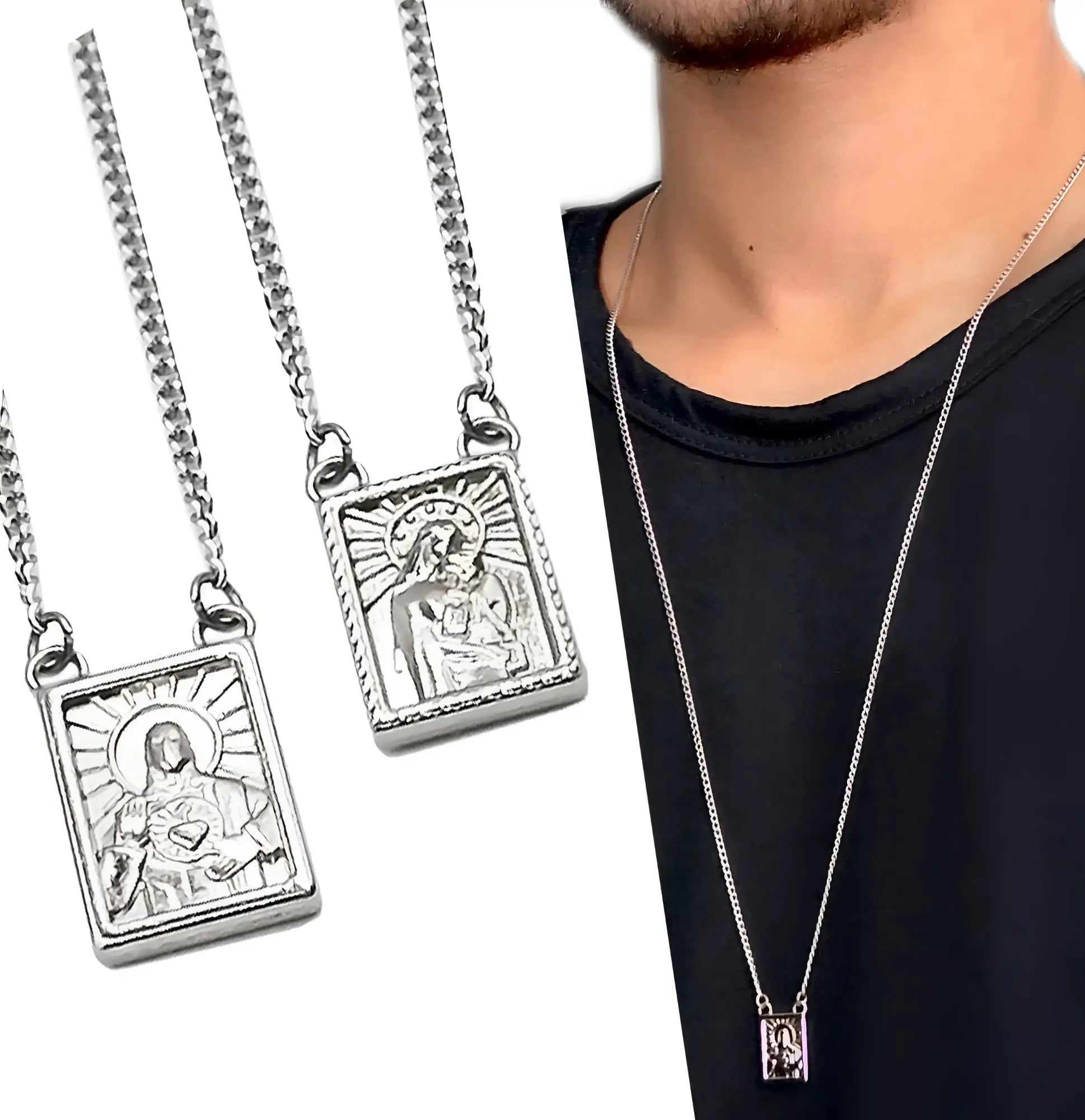 Silver men’s stainless steel scapular necklace with engraved religious pendant and chain for male jewelry