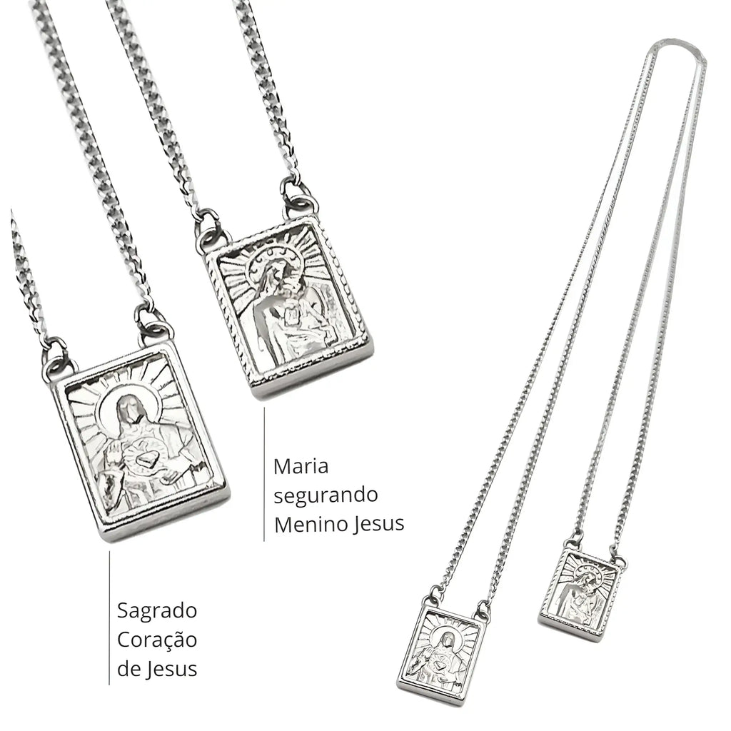 Men’s stainless steel scapular necklace in silver with engraved jesus and mary religious medallions on chains