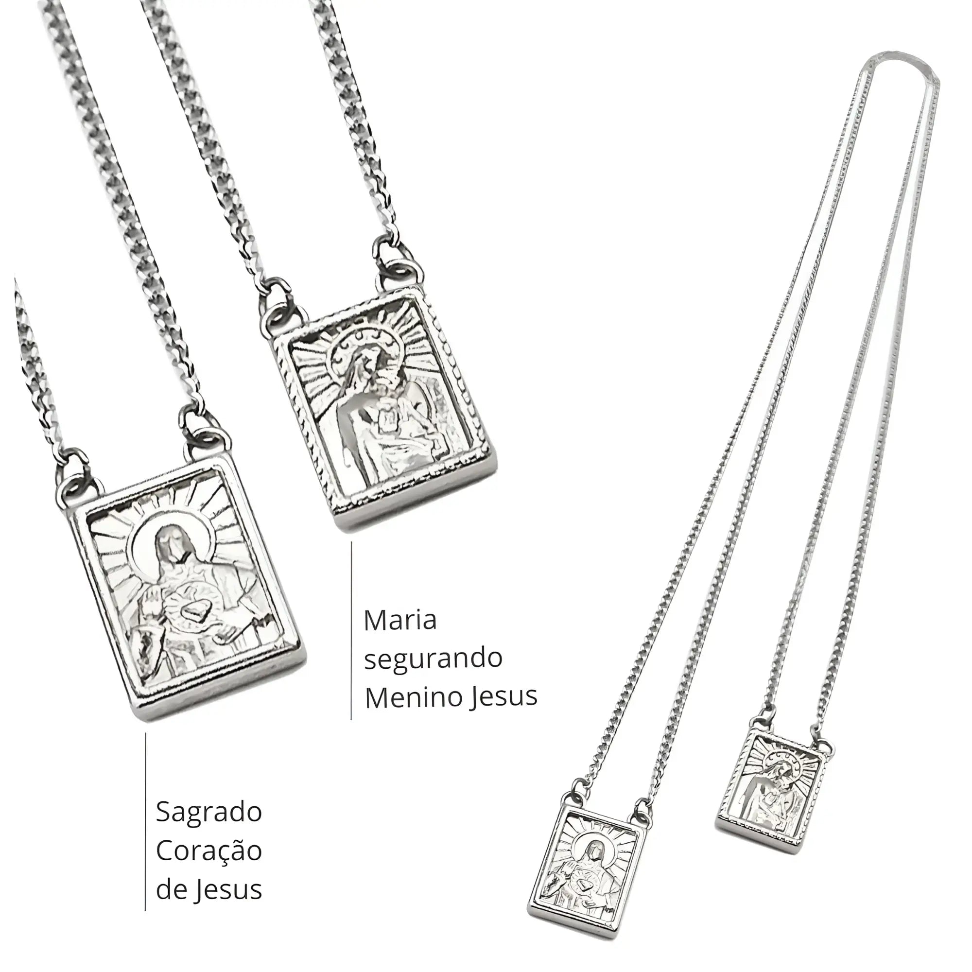 Men’s stainless steel scapular necklace in silver with engraved jesus and mary religious medallions on chains