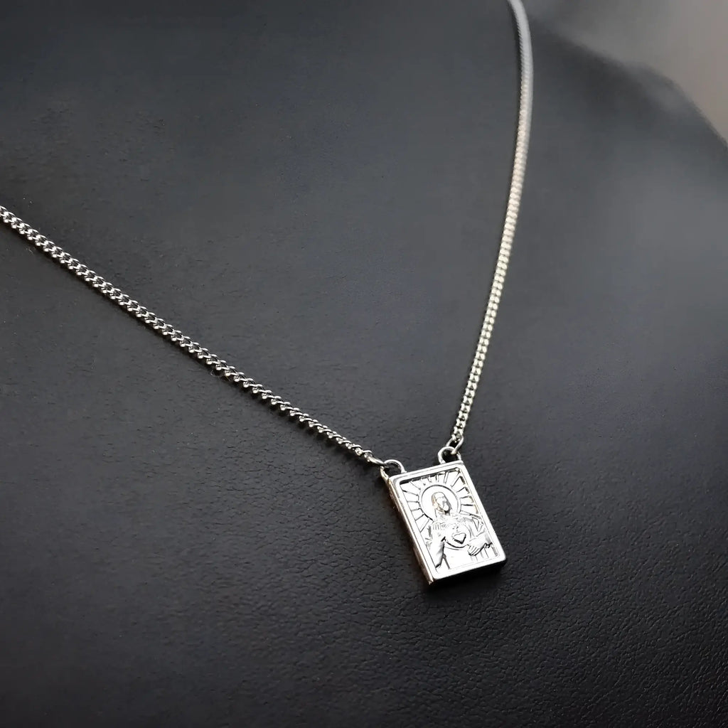 Silver rectangular pendant mens stainless steel scapular necklace with engraved religious figure and fine chain