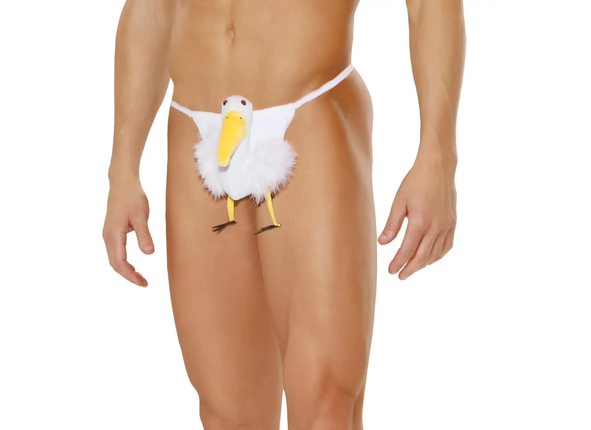 Men’s stork pouch thong with white feathered pelican design and yellow beak and legs front view