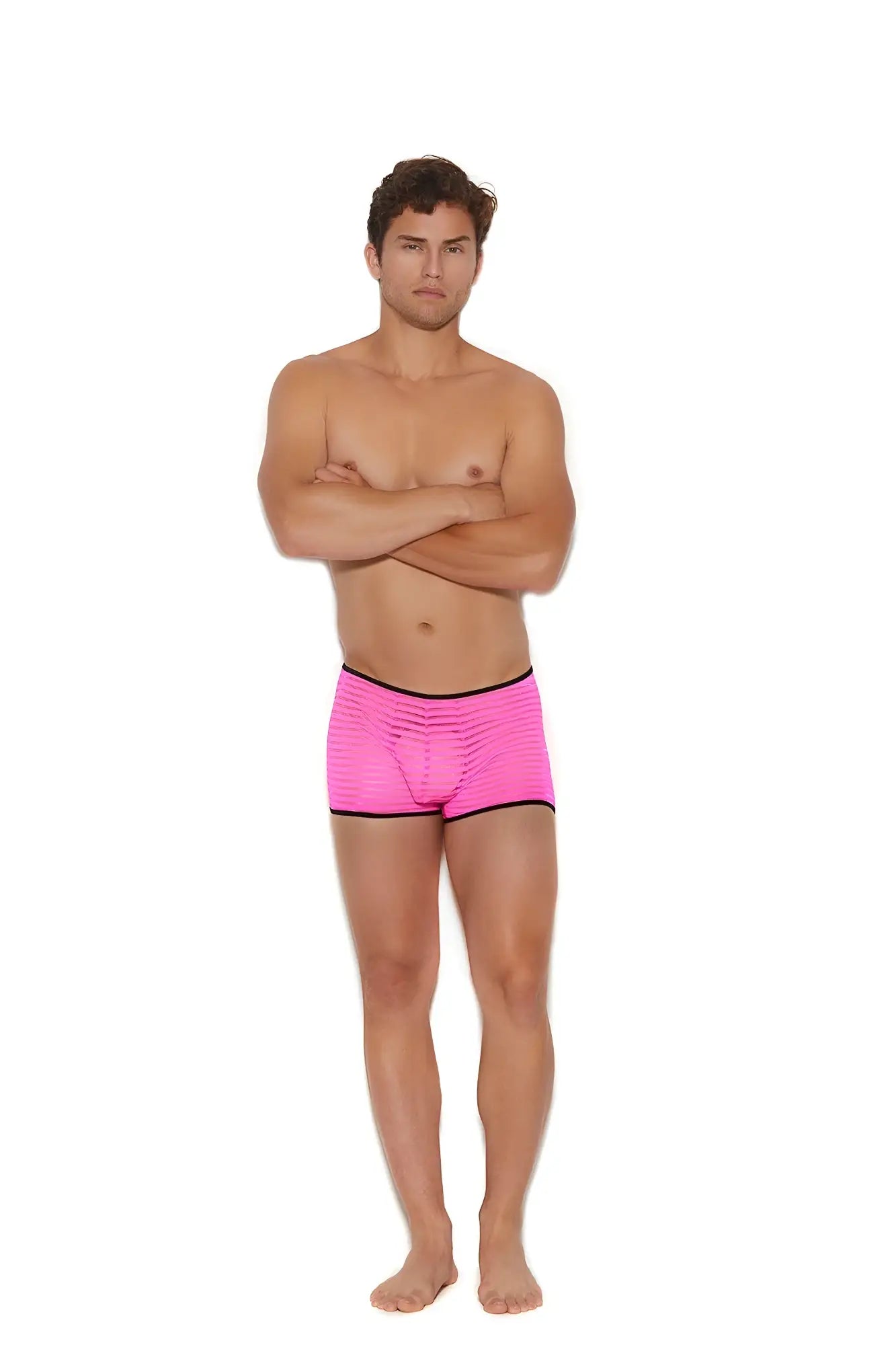Men’s striped mesh boxer brief in bright pink with black trim and a textured ribbed design for athletic use