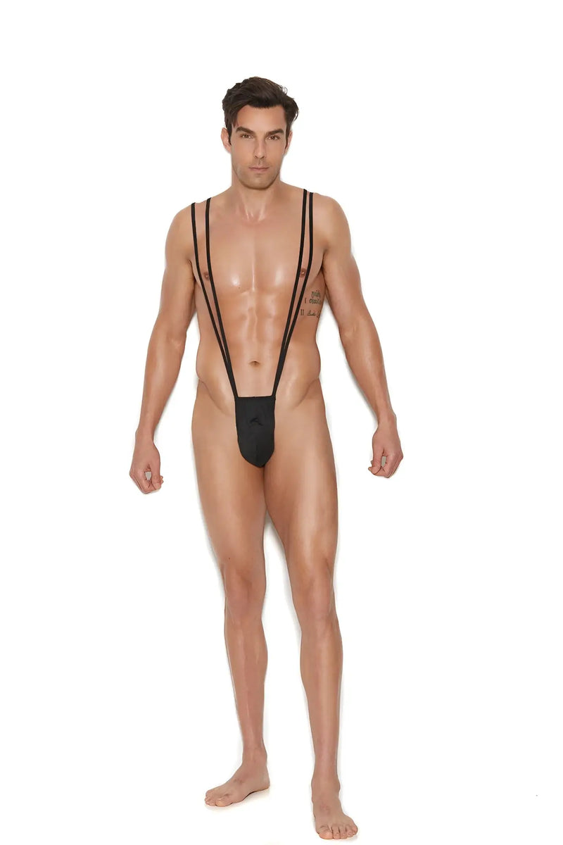 Men’s suspender pouch sleek black minimalist one-piece swimsuit with thin straps made from smooth material for swimming