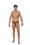 A man wearing leopard-print men’s thong back brief showing the back side of the underwear