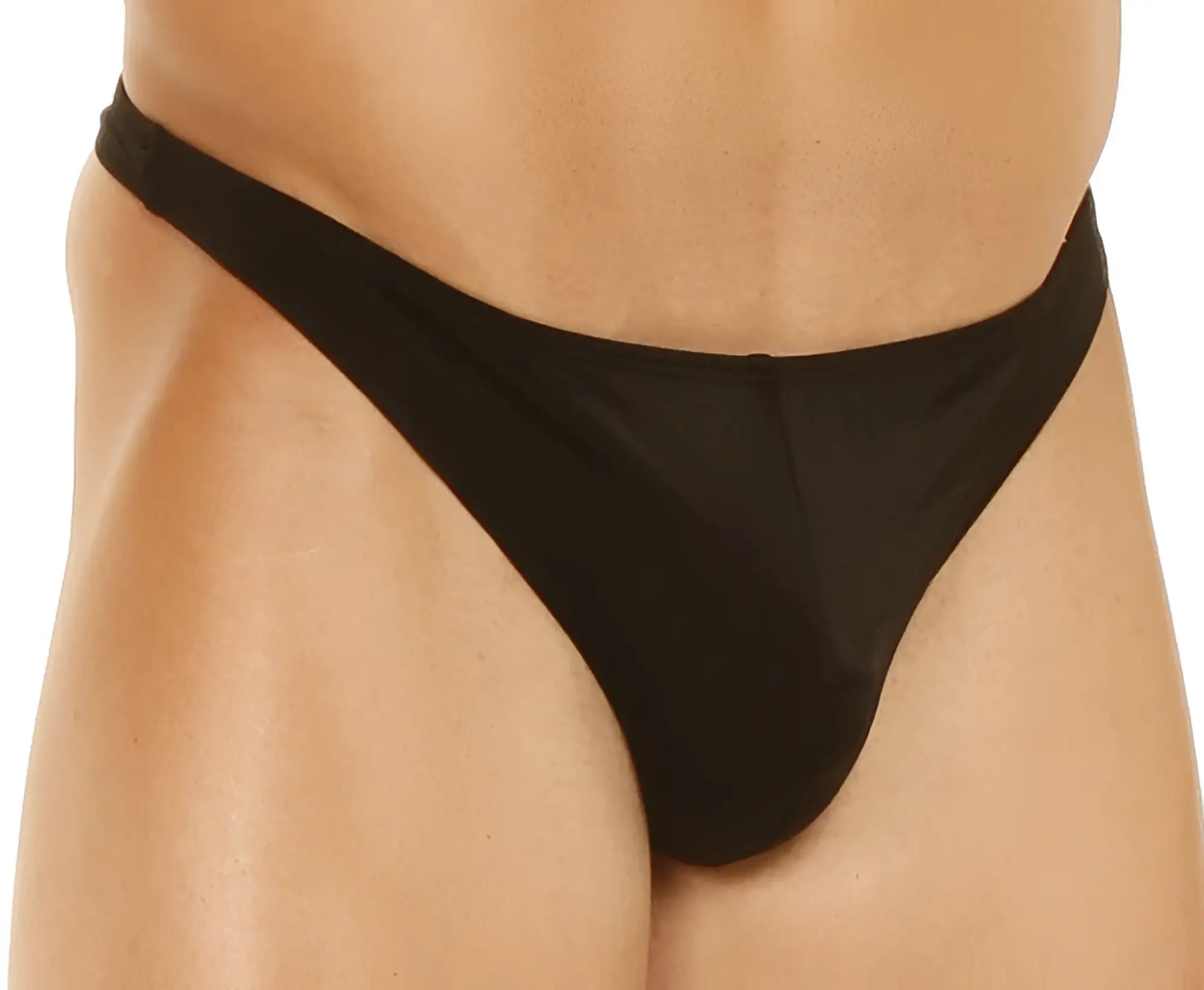 Men’s thong black made of smooth stretchy fabric with a sleek minimalist design shown from the back side