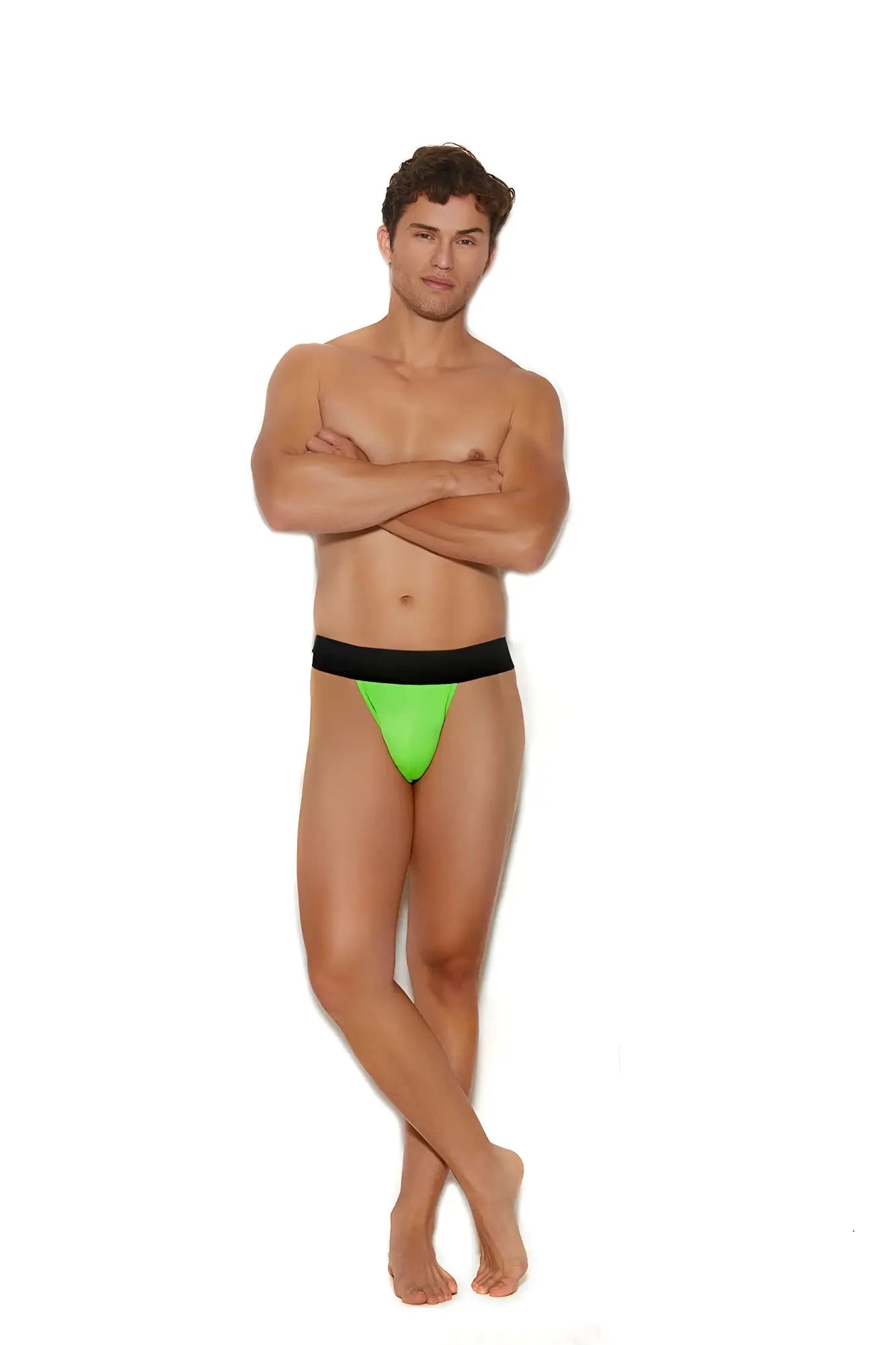 Men’s bright green thong with elastic black waistband designed for comfort and support