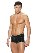 Black patent leather mens vinyl shorts with front button closure and break away feature
