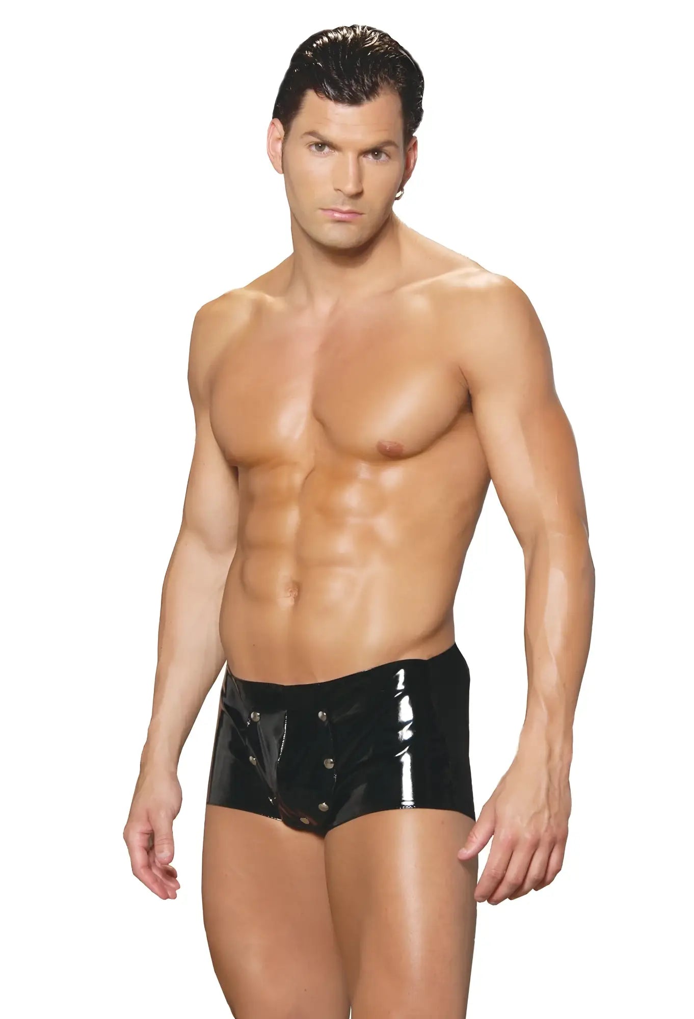 Black patent leather mens vinyl shorts with front button closure and break away feature