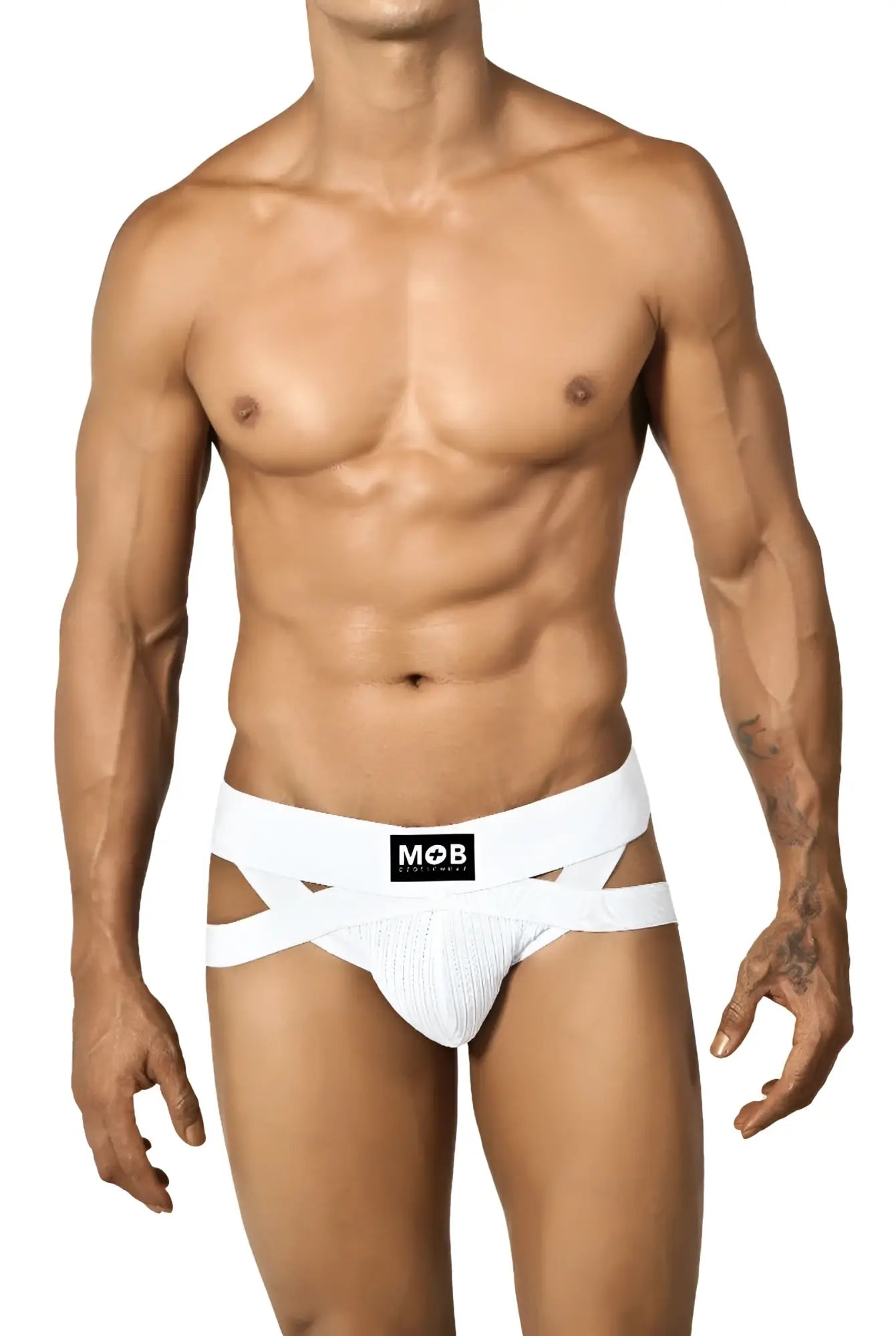 Men’s x jockstrap by white mob with white ribbed fabric and distinctive crisscrossing straps at the waist