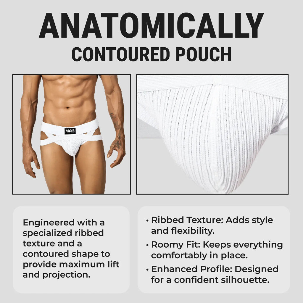 Men’s x jockstrap with white ribbed anatomically contoured pouch and branded logo on the waistband