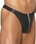 Black faux leather men’s thong with a silver zipper running down the center for edgy zip up style