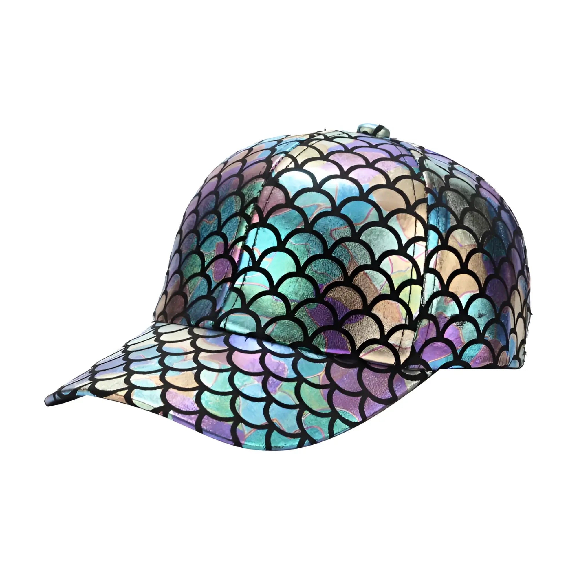 Merman cap iridescent baseball cap with teal purple and gold mermaid scale pattern shimmering design