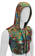 Merman hooded crop tank iridescent hoodie with rainbow scale pattern and black drawstrings