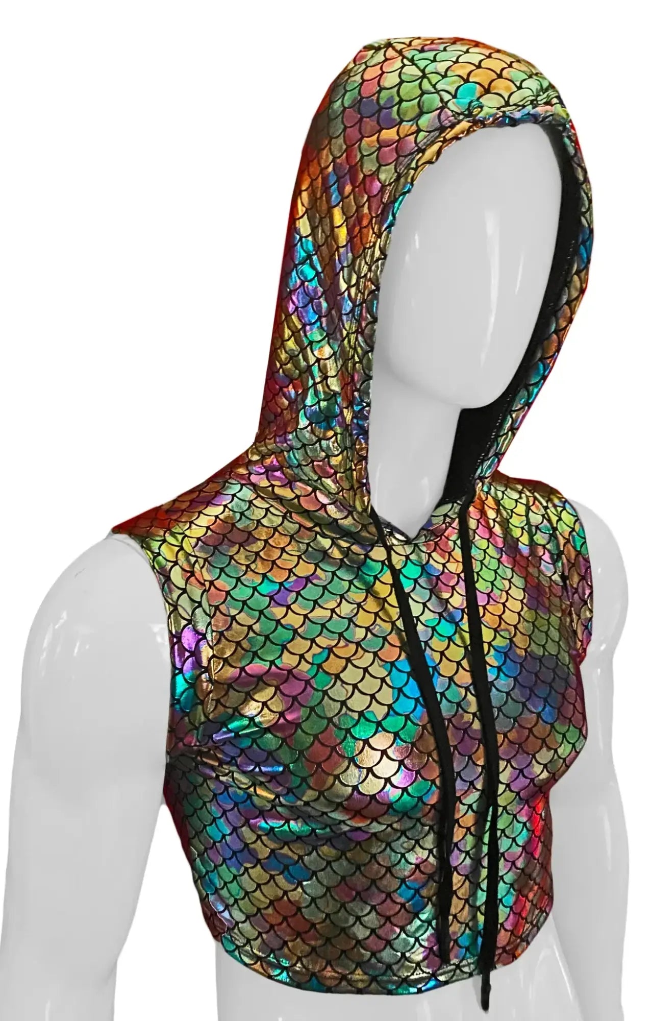 Merman hooded crop tank iridescent hoodie with rainbow scale pattern and black drawstrings