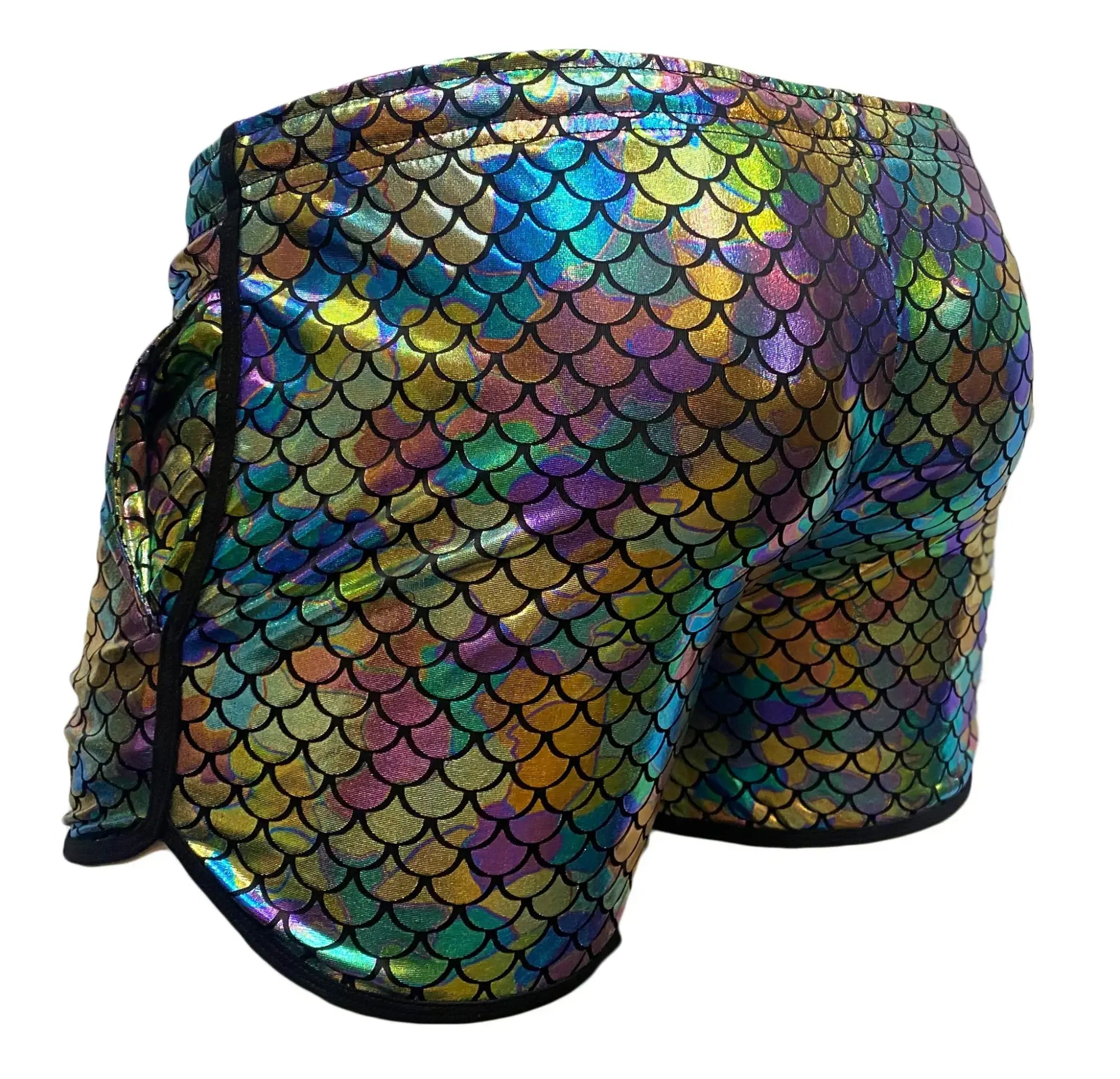 Iridescent mermaid-scale patterned merman short with black trim in shiny fabric for stylish swimwear look