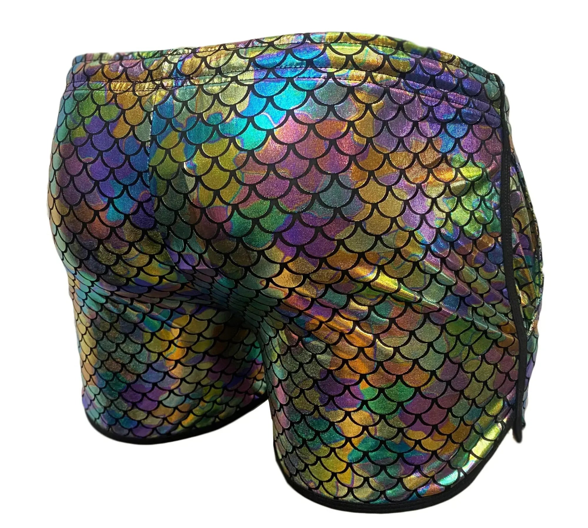 Merman short iridescent mermaid-scale patterned swim trunks with shiny multicolored finish for beachwear