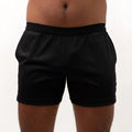 Black mesh back short with smooth stretchy fabric and elastic waistband shown from the back side