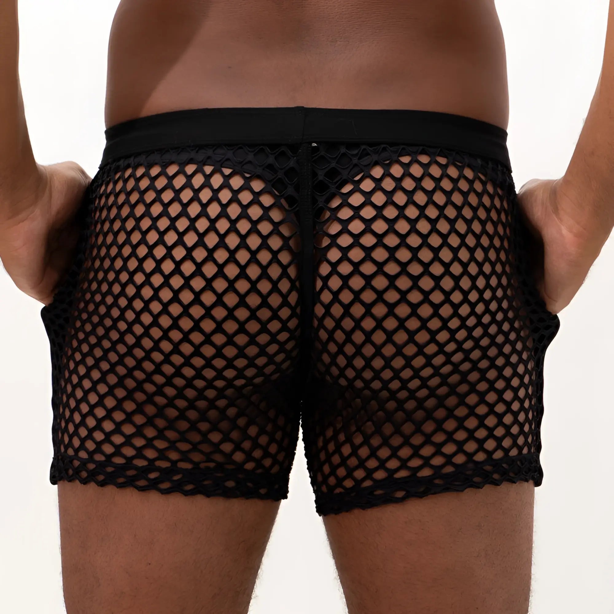 Black mesh back short swim trunks with solid waistband and breathable mesh material for swimming and beachwear