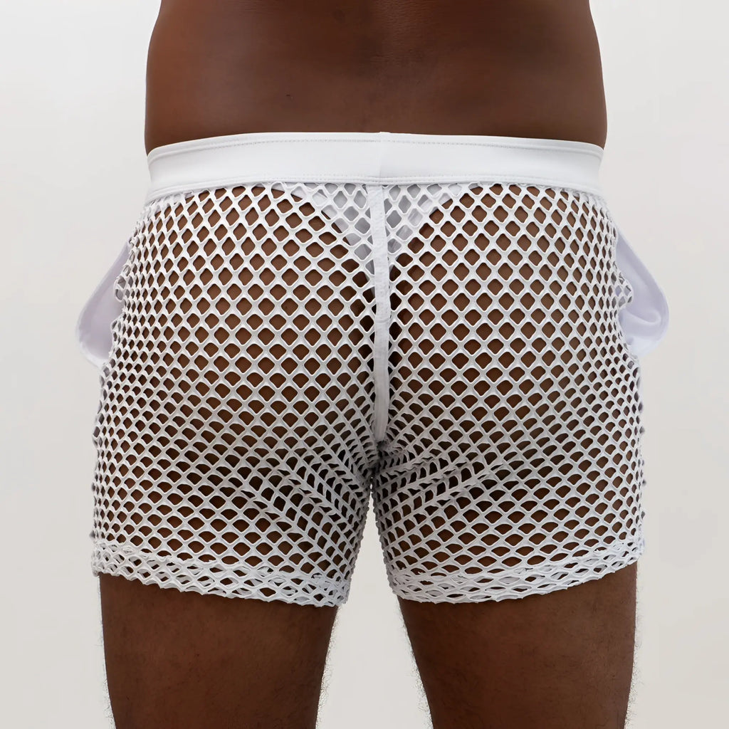 White mesh boxer shorts mesh back short with solid white waistband and side pockets shown from the back side