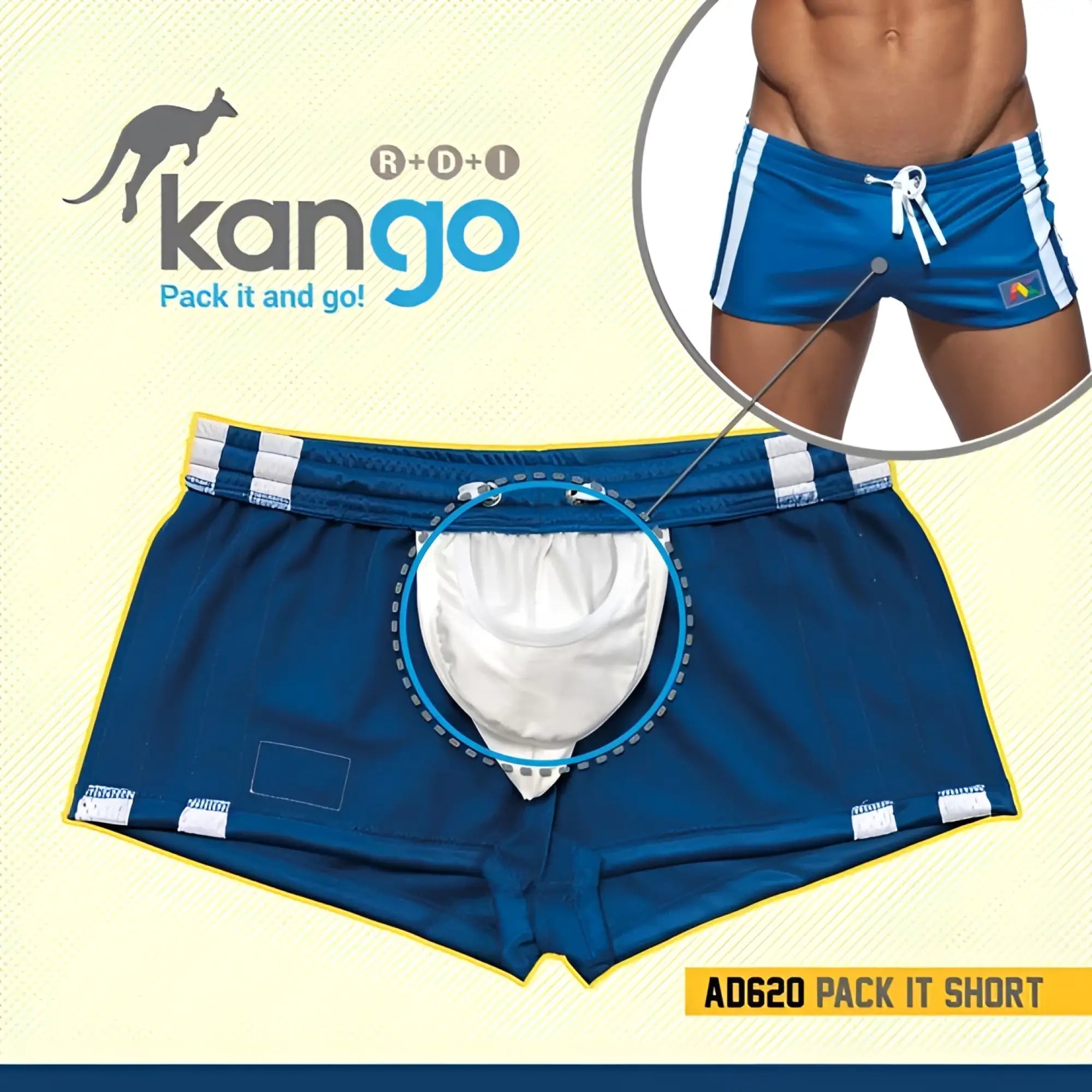 Mesh basic rocky blue kangoo ad620 pack it short swim trunks with white side stripes and built-in white pouch