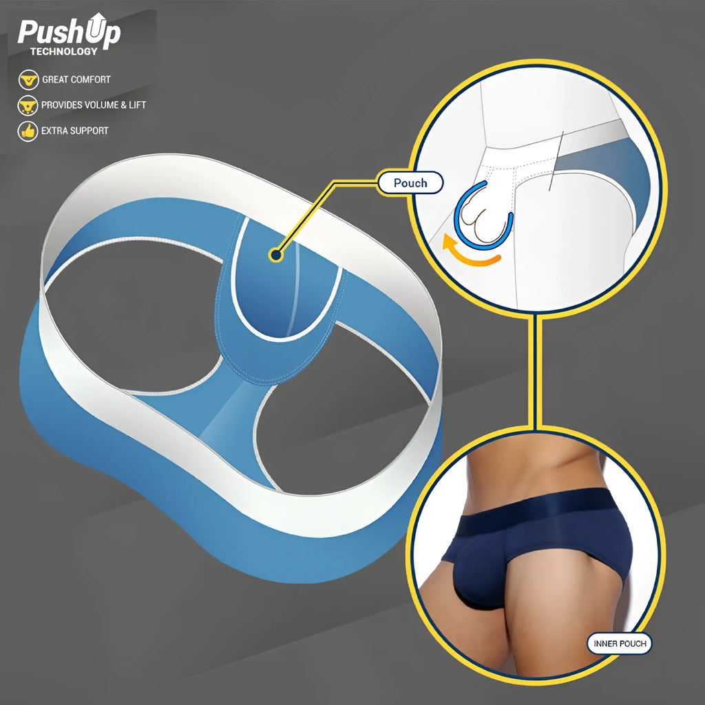 Blue and white mesh click jockstrap with pushup technology and inner pouch for volume and lift men’s underwear