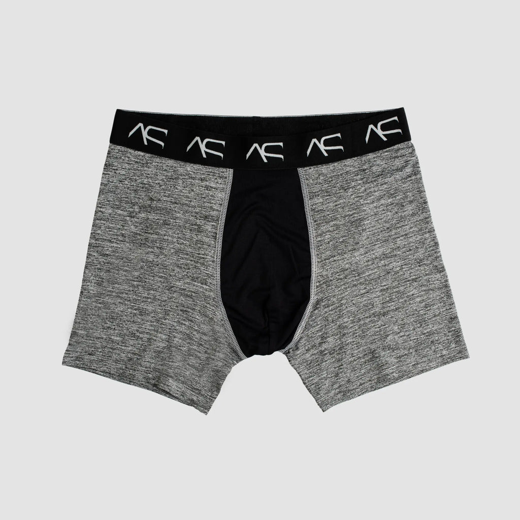 Gray and black heathered mesh combo trunks boxer briefs with breathable fabric and branded waistband for comfortable wear