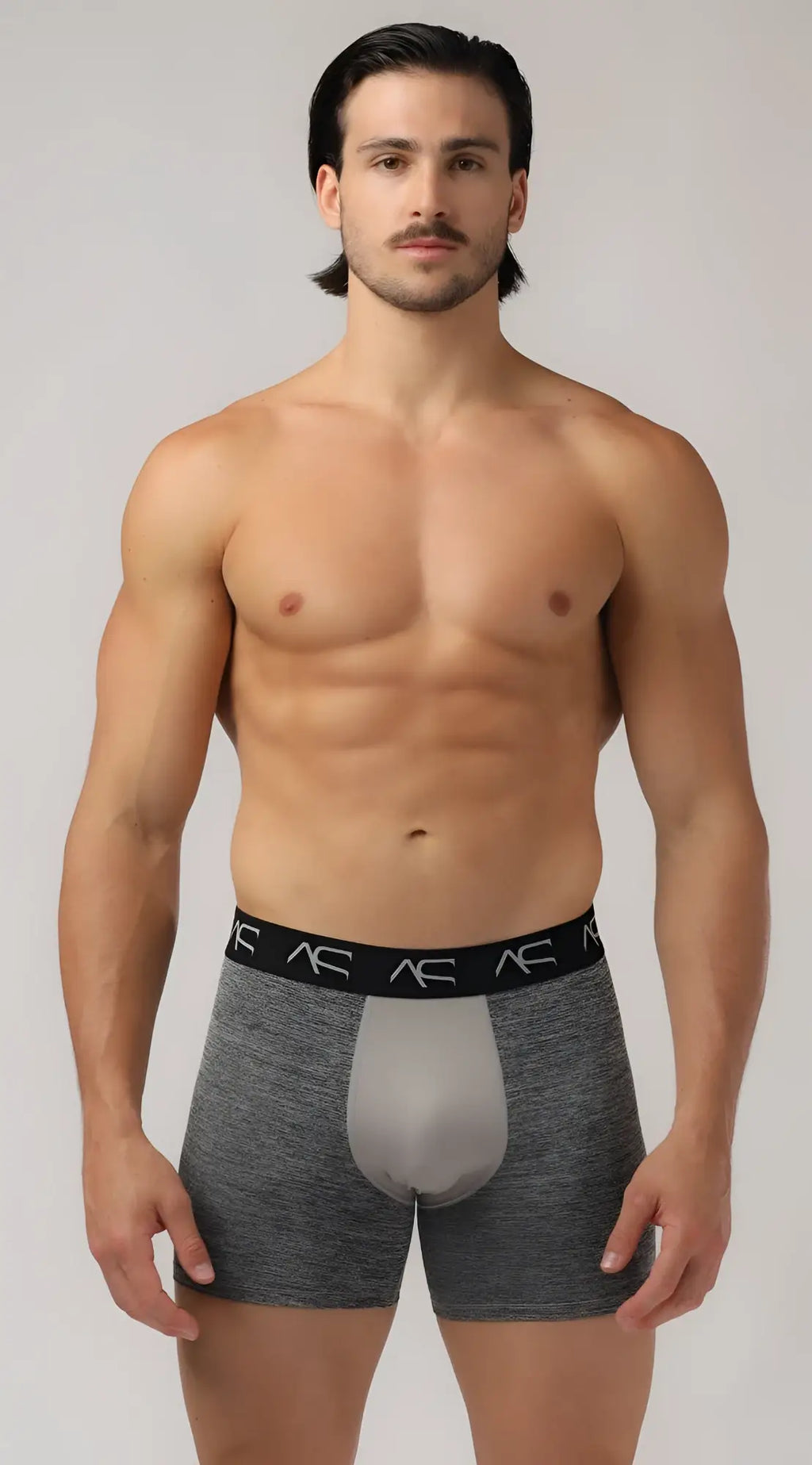 Gray heathered mesh combo trunks boxer briefs with light gray panel and black ac branded elastic waistband