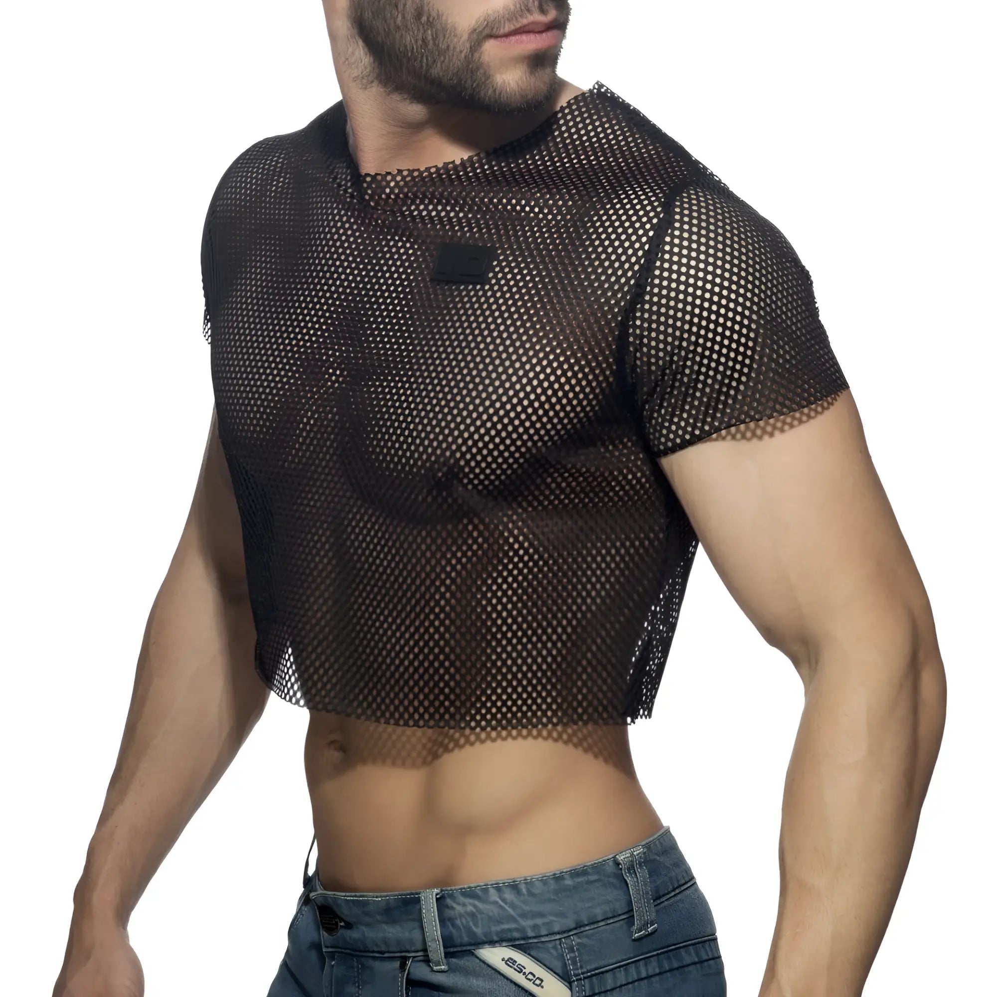 Black mesh crop top with short sleeves and round neckline showcasing breathable lightweight fabric design