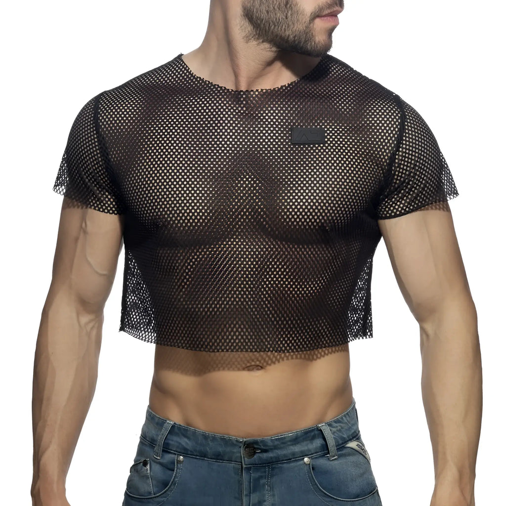 Black mesh crop top with short sleeves and round neckline made of breathable mesh fabric for stylish summer wear