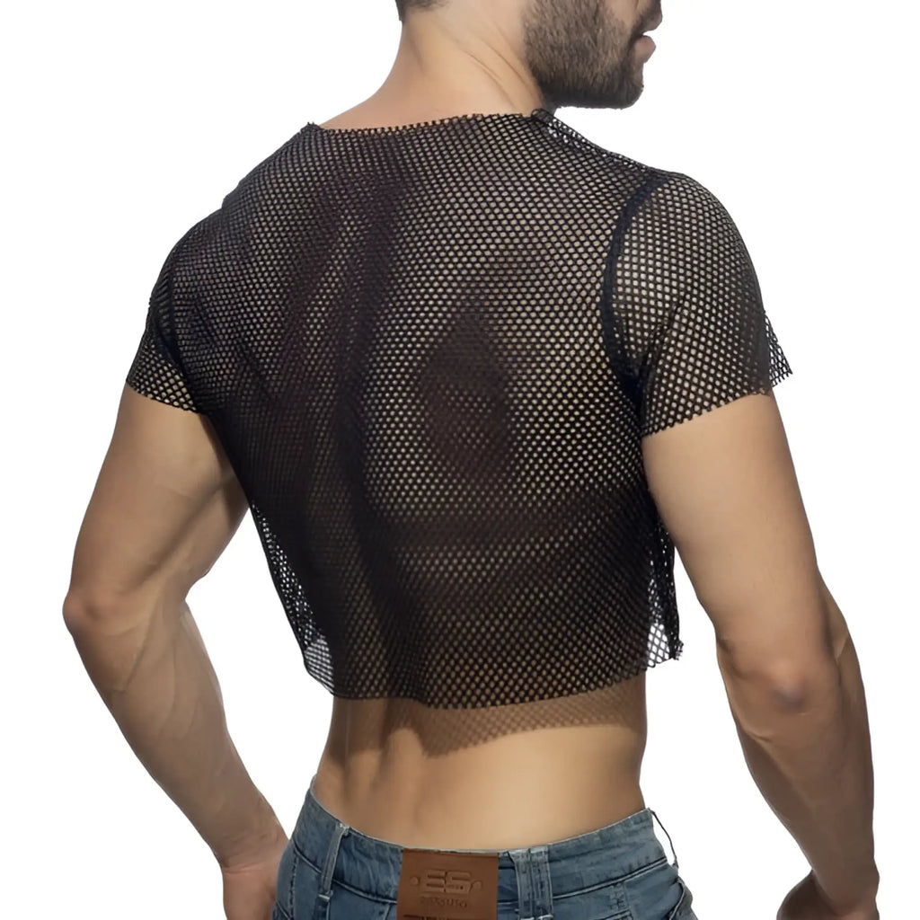 Black mesh crop top with short sleeves and round neckline made of breathable mesh fabric for casual wear