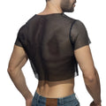 Black mesh crop top with short sleeves and round neckline made of breathable mesh fabric for casual wear