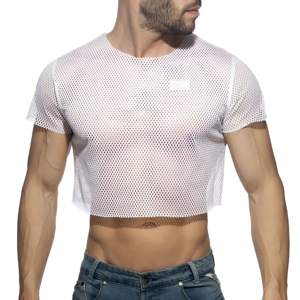 White mesh crop top with short sleeves and round neckline made from breathable mesh fabric for casual wear