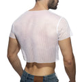 White mesh crop top with short sleeves and round neckline made of breathable mesh fabric