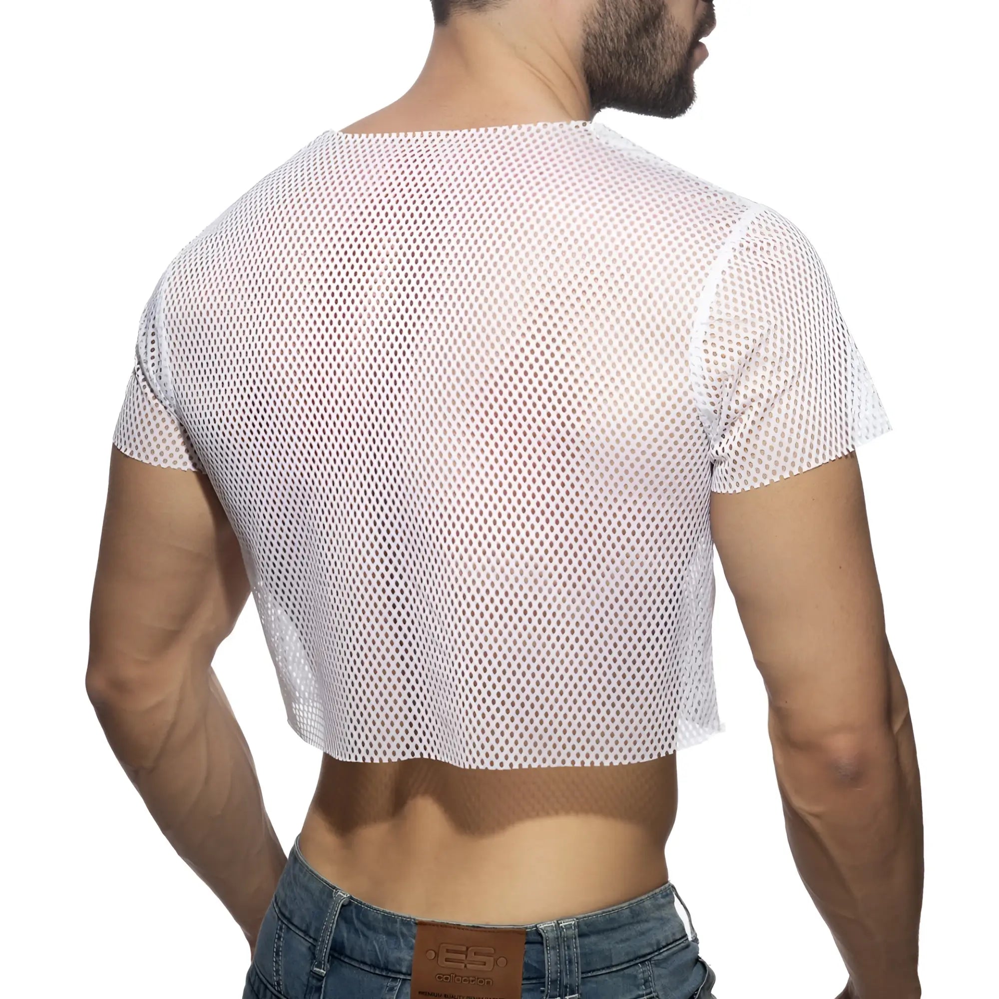 White mesh crop top with short sleeves and round neckline made of breathable mesh fabric