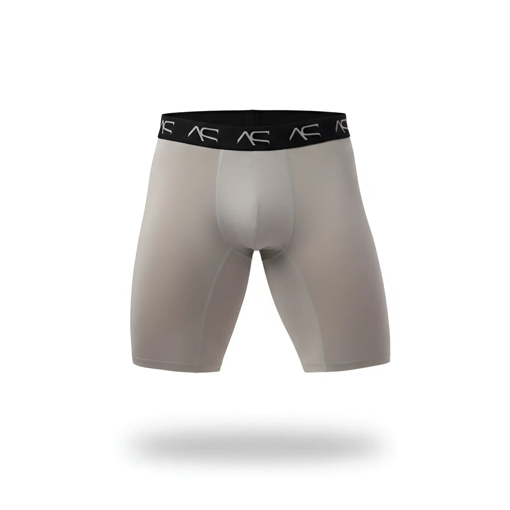 Gray ac ac branded mesh long trunks compression shorts with black waistband and white logo repeats