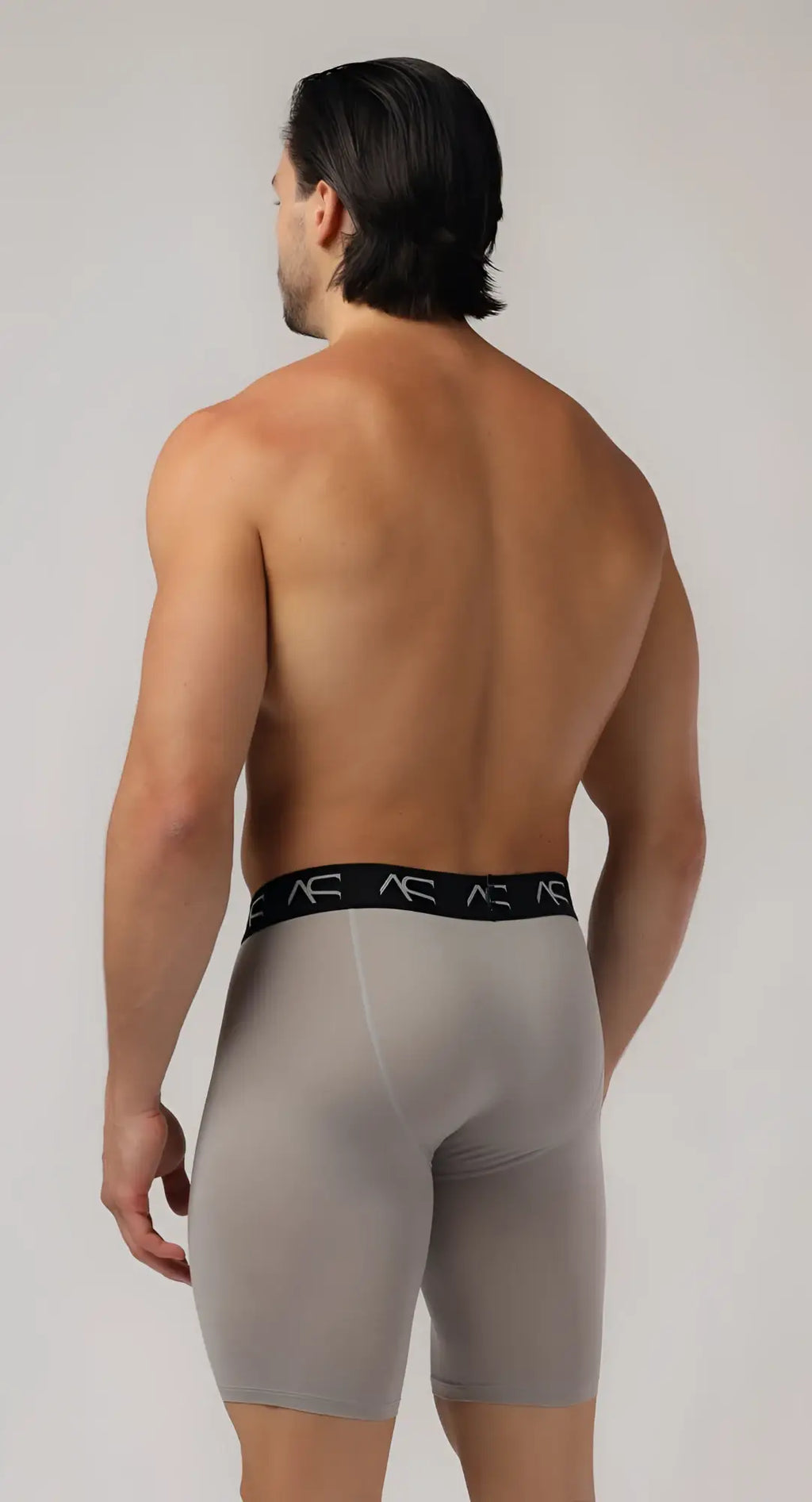 Gray men’s mesh long trunks compression briefs with black elastic waistband featuring white ae logos