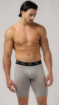 Gray mesh long trunks compression shorts with black af logo waistband designed for men