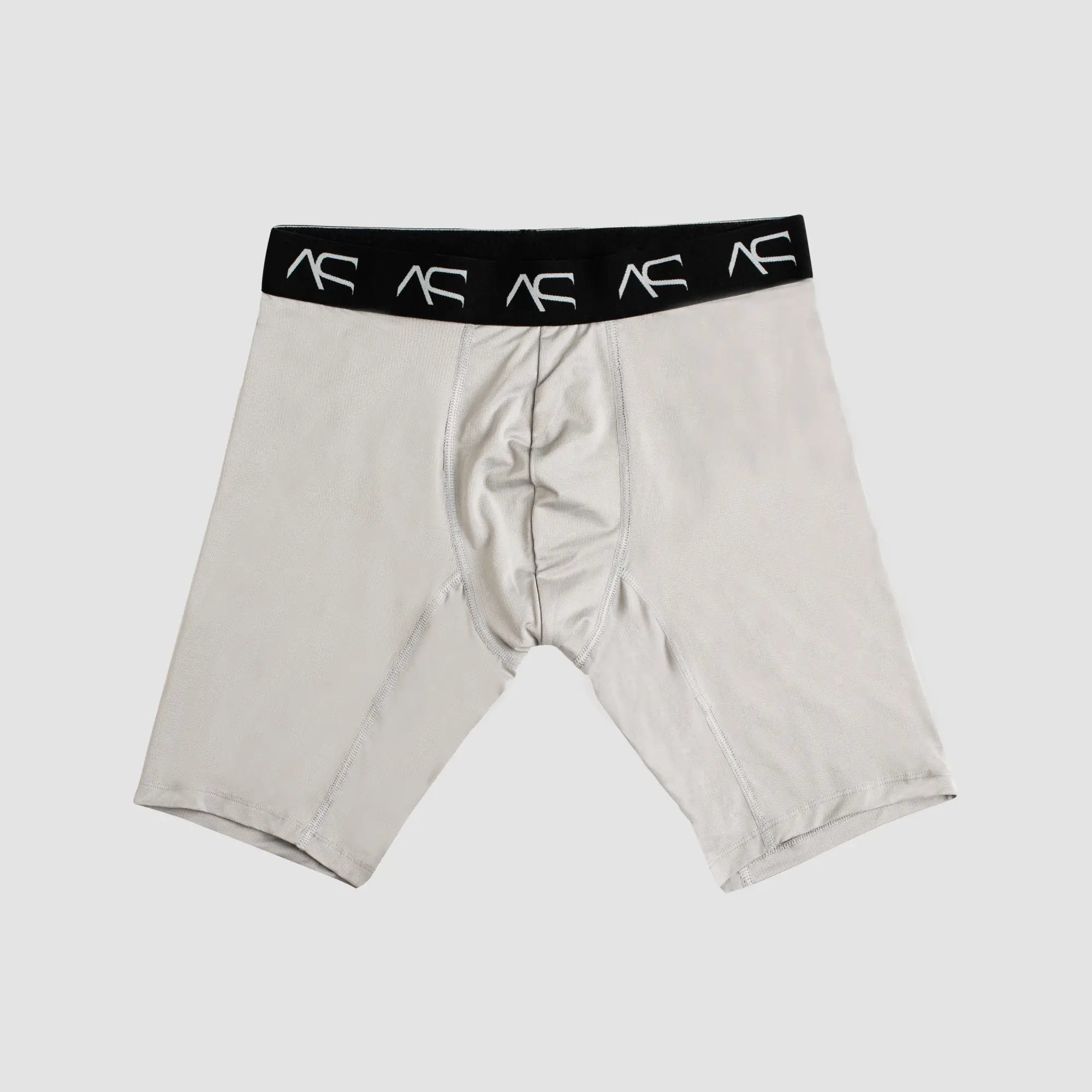 Light gray mesh long trunks with black waistband featuring white ac logos designed as athletic briefs