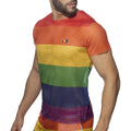 Mesh rainbow t-shirt featuring rainbow stripes and a small logo on the chest in breathable mesh fabric