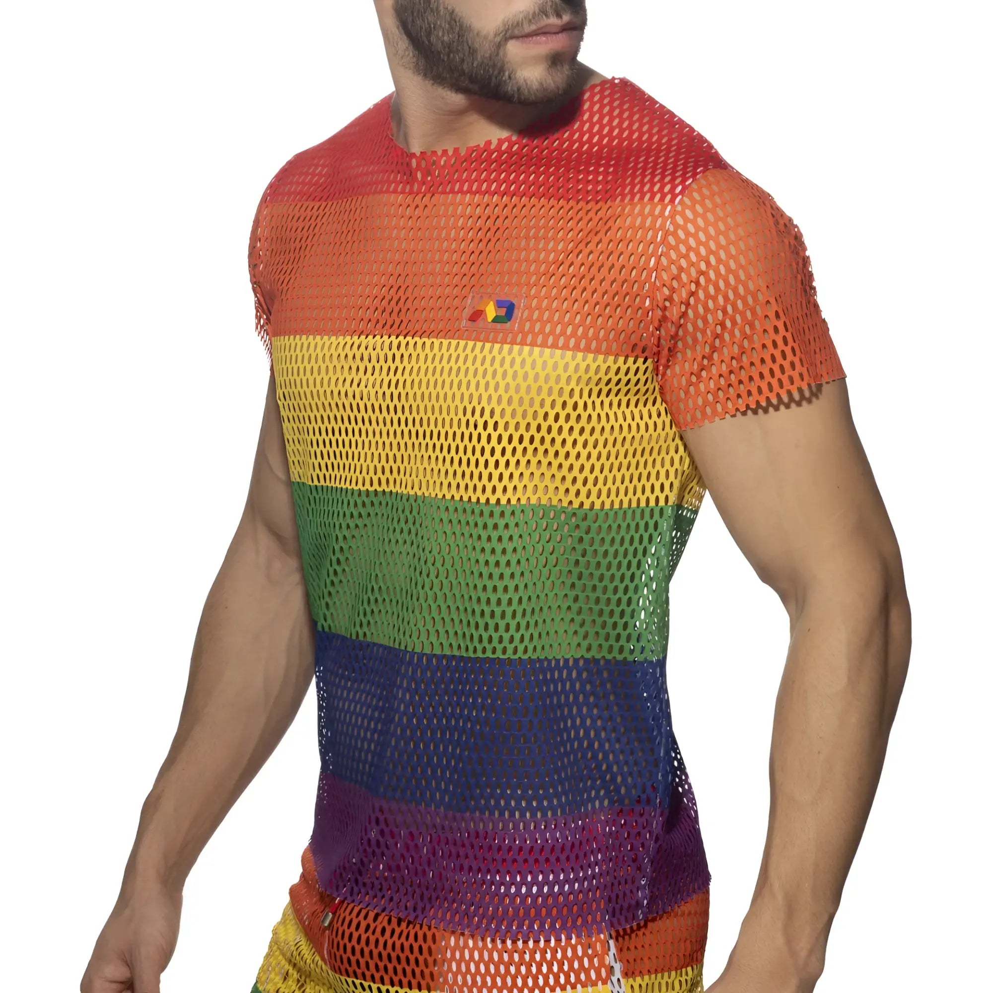 Mesh rainbow t-shirt featuring rainbow stripes and a small logo on the chest in breathable mesh fabric