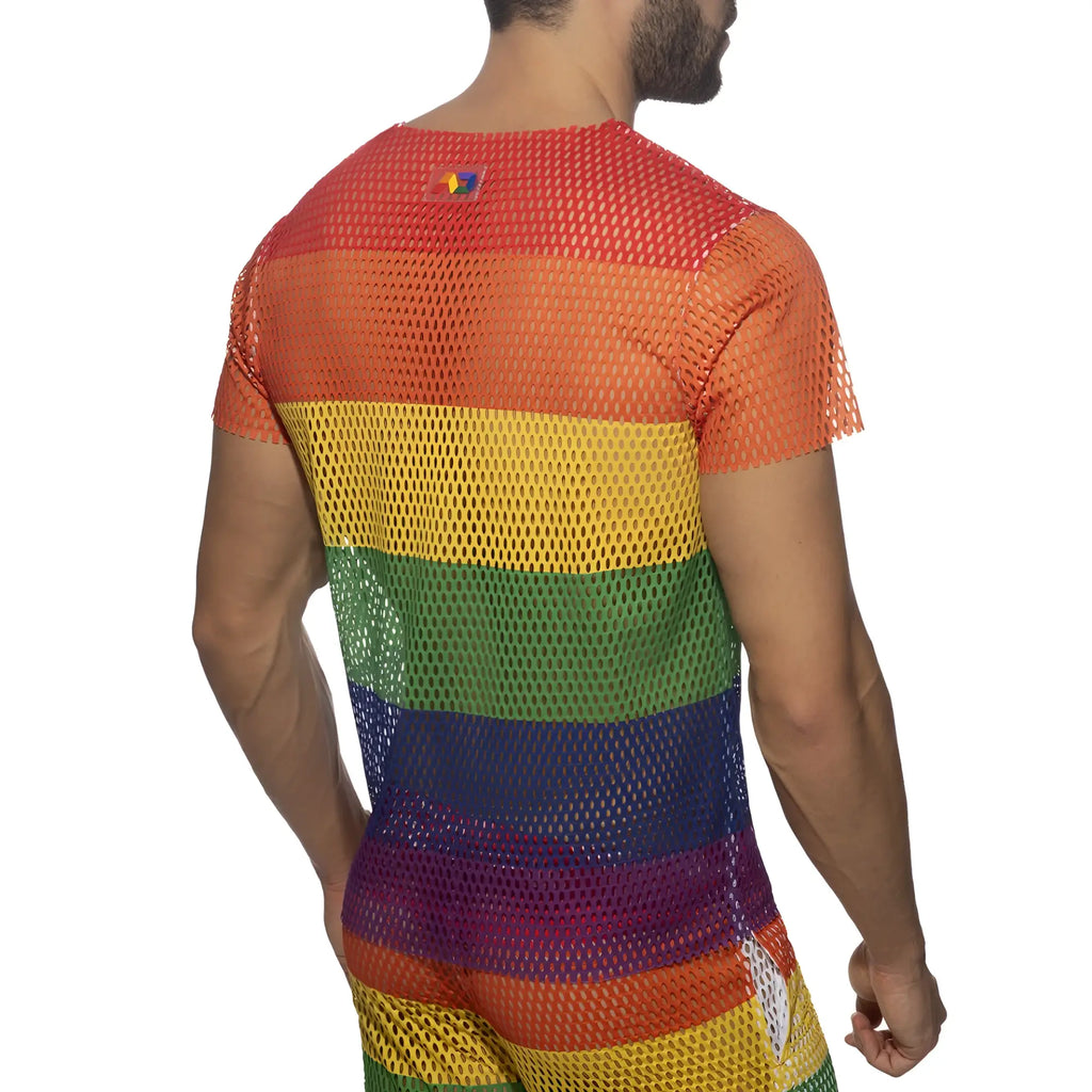 Mesh rainbow t-shirt with rainbow-striped mesh fabric and fitted short sleeves for a form-fitting look