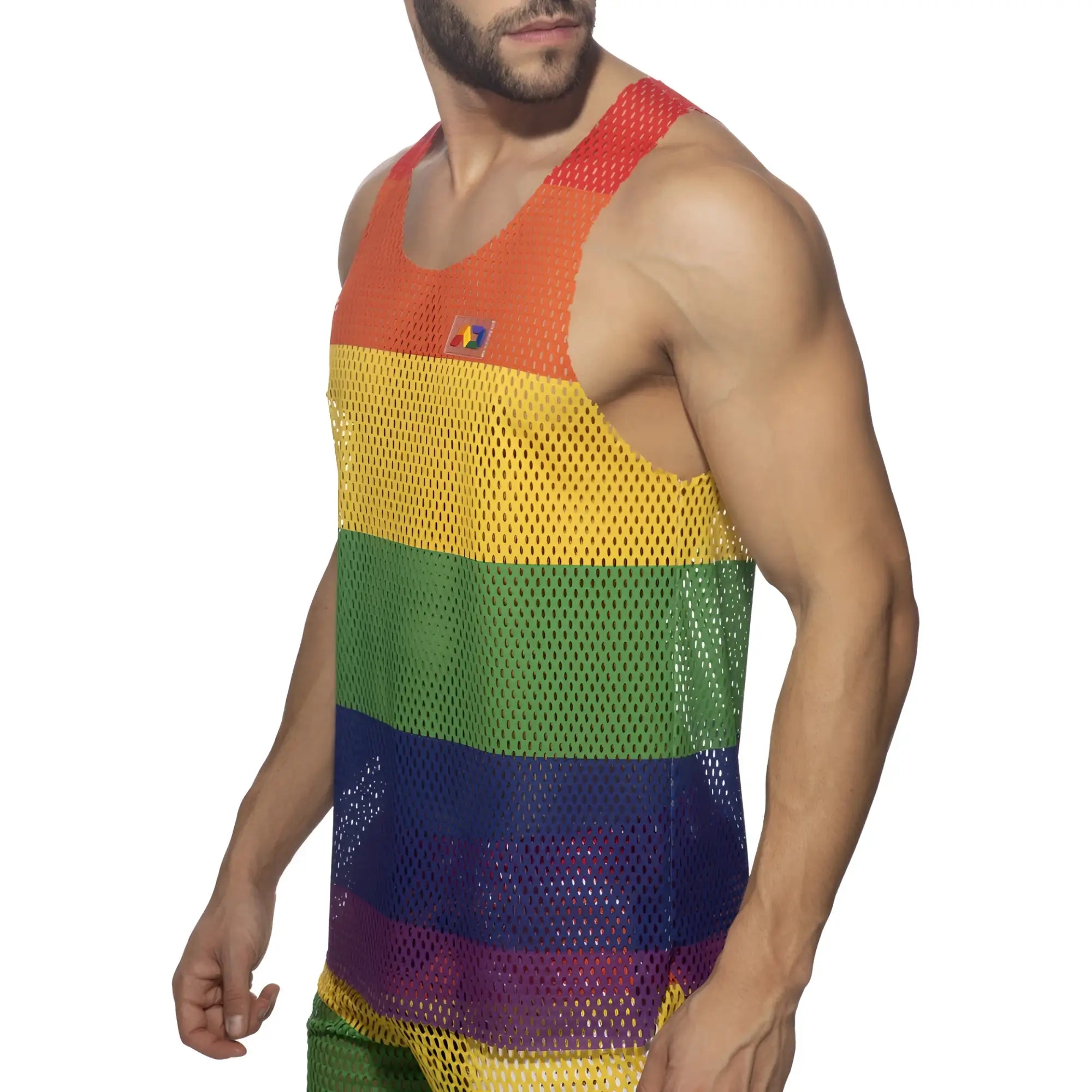 Rainbow-striped mesh tank top with small flag patch on the chest made from breathable mesh fabric for casual wear